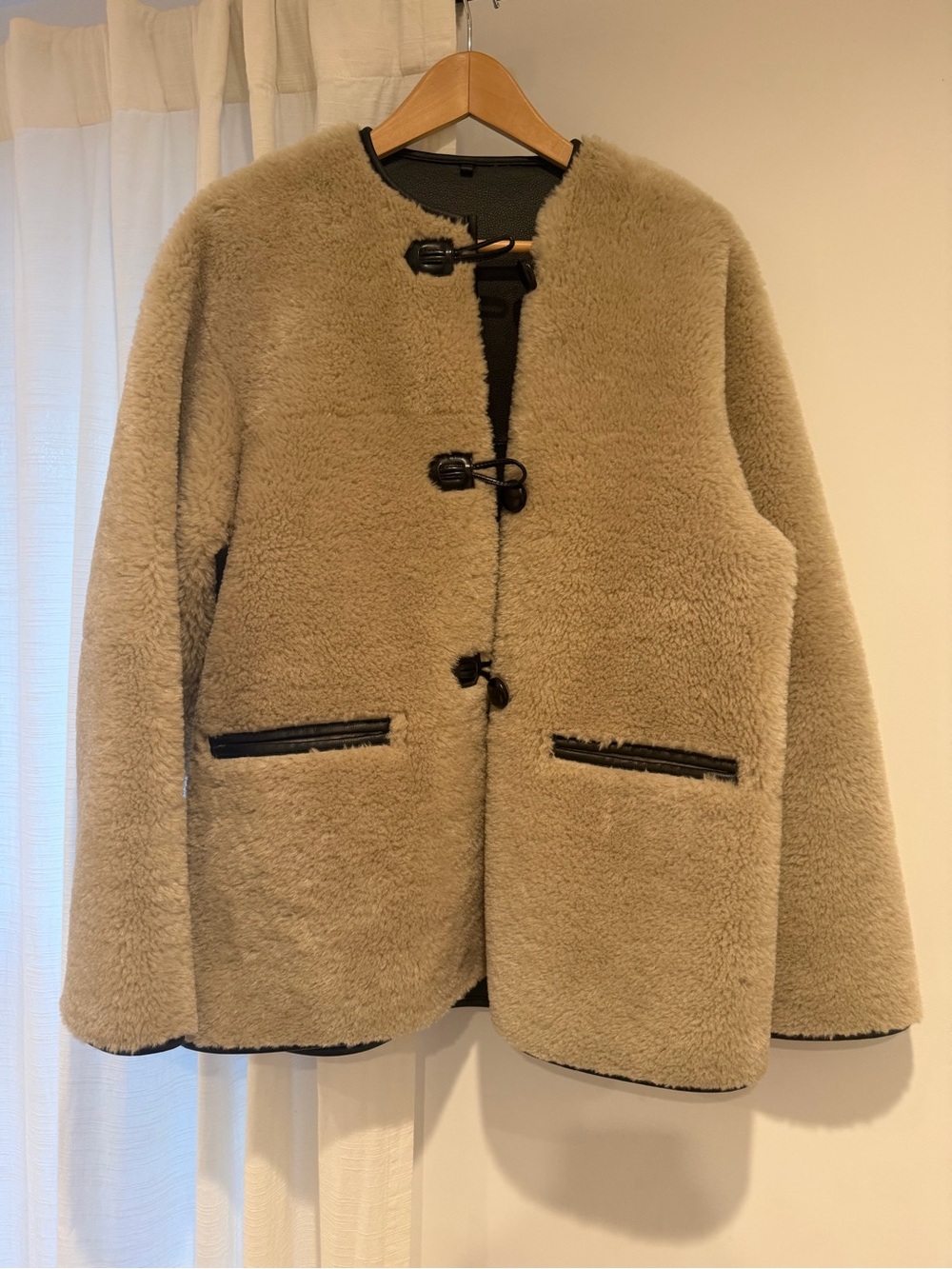 Mango Beige Faux Shearling Teddy Jacket with Toggle Closures
